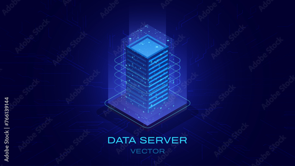 Poster Artificial Intelligence 3D Cube Isometric Icon. Big Data Server Storage. Abstract HiTech Background. Information Processing. Cloud Data Transfer. Vector Illustration.