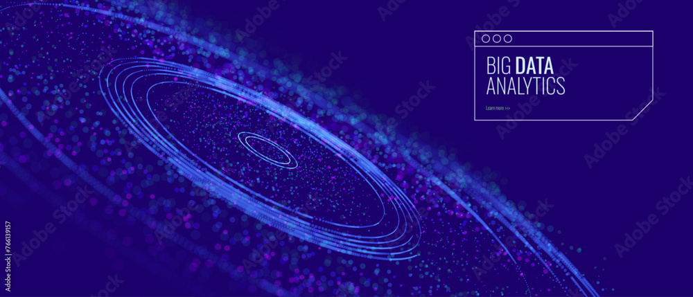 Poster Abstract Digital Circles of Particles. Futuristic Circular Sound Wave. Big Data Visualization. 3D Virtual Space VR Cyberspace. Crypto Currency Blockchain Concept. Vector Illustration.