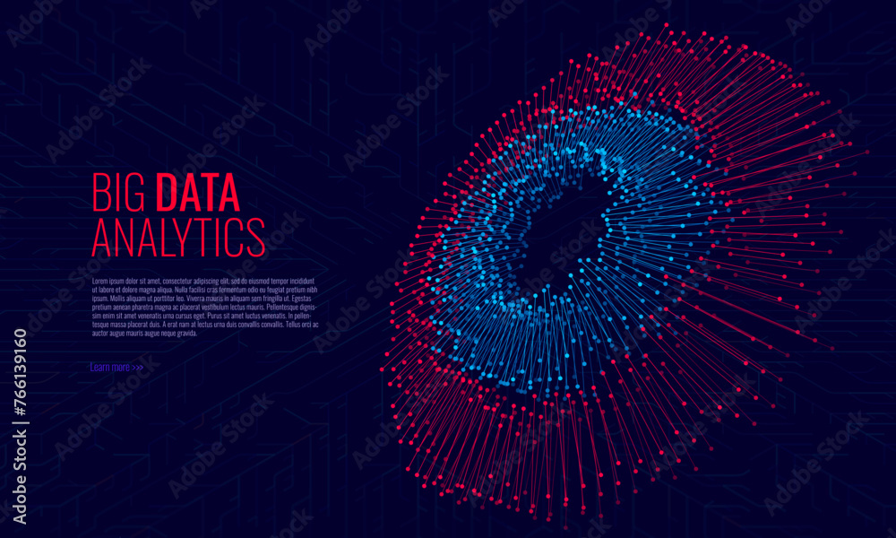 Poster Big Data Visualization Vector. Round Graph Connected Lines and Dots. Digital Statistical and Analysis Methods Visual Data Science Concept. Technology Vector Illustration.