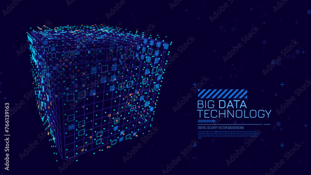 Poster Big Data Storage Technology. Abstract Data Cube Background. Modern Technology Banner. Information Server. Data Science Computer Science Algorithms Vector Illustration.
