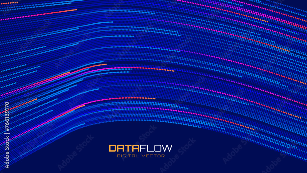 Poster Digital Data Flow Vector Background. Big Data Technology Lines. 5G Wireless Data Transmission. High Speed of Light Trails. Information Flow in Virtual Reality Cyberspace. Vector Illustration.