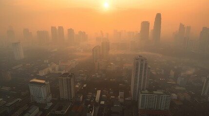 Urban landscape obscured by haze and PM 2.5 pollution showcasing the severity of the smog crisis and its effects on daily life in Thailand.