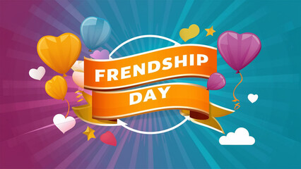 Happy Friendship Day Greeting Text with Heart Decoration retro aesthetic style with colorful...