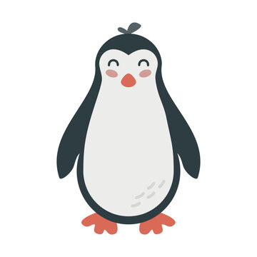 Cute cartoon hand drawn penguin on isolated white background. Character of the arctic polar animals for the logo, print, design.