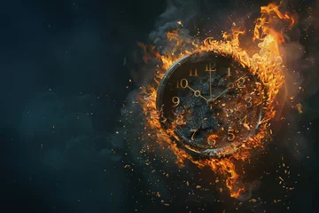 Fotobehang A clock on fire, on a dark background with copyspace representing the concept of running out of time. Flames and ashes © Ana