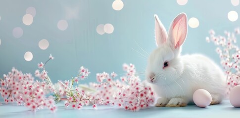 Happy Easter greeting card. Cute white rabbit with pink flowers on blue background