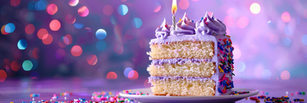 festive banner with a slice of birthday cake with one candle in lilac tones. the atmosphere of holiday, party. place for the text.
