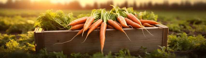 Carrots harvested in a wooden box with field and sunset in the background. Natural organic fruit abundance. Agriculture, healthy and natural food concept. Horizontal composition, banner.