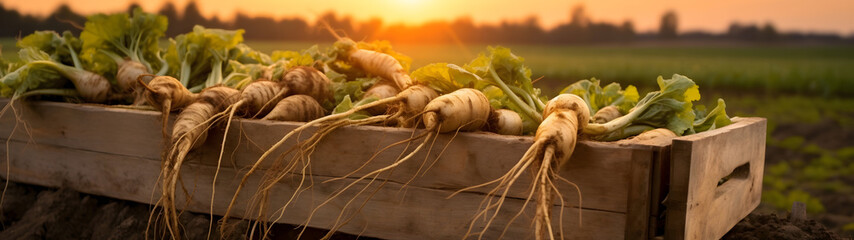Celery root harvested in a wooden box with field and sunset in the background. Natural organic fruit abundance. Agriculture, healthy and natural food concept. Horizontal composition, banner. - obrazy, fototapety, plakaty