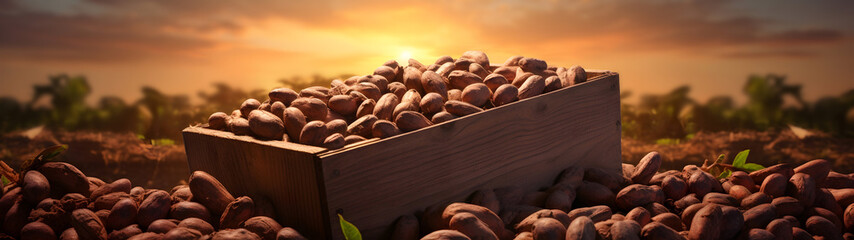 Cocoa beans harvested in a wooden box in a plantation with sunset. Natural organic fruit abundance. Agriculture, healthy and natural food concept. Horizontal composition, banner.