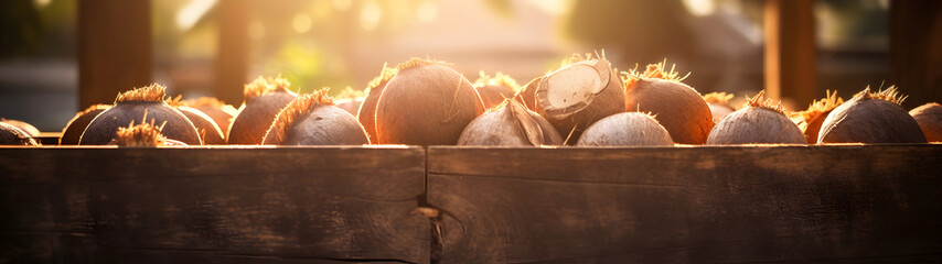 Coconuts harvested in a wooden box in a plantation with sunset. Natural organic fruit abundance. Agriculture, healthy and natural food concept.