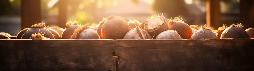 Deurstickers Coconuts harvested in a wooden box in a plantation with sunset. Natural organic fruit abundance. Agriculture, healthy and natural food concept. © linda_vostrovska