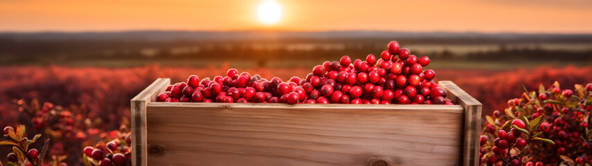 Cranberries harvested in a wooden box in a farm with sunset. Natural organic fruit abundance. Agriculture, healthy and natural food concept. Horizontal composition, banner.