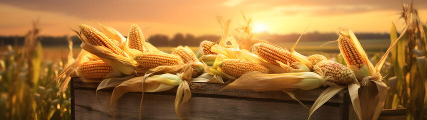 Corn heads harvested in a wooden box with field and sunset in the background. Natural organic fruit abundance. Agriculture, healthy and natural food concept. Horizontal composition, banner.