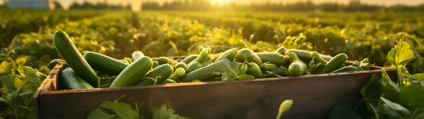 Cucumbers harvested in a wooden box with field and sunset in the background. Natural organic fruit abundance. Agriculture, healthy and natural food concept. Horizontal composition, banner.