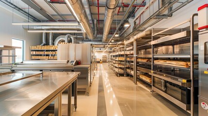Obraz premium A modern bakery factory with industrial ovens and production lines, ideal for showcasing large-scale baking operations