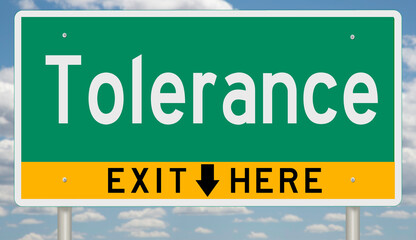 Green and yellow highway sign with exit arrow for TOLERANCE