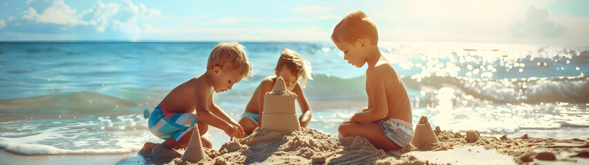 Children building a sand castle on the beach with sea, sky and sun shining in the background. Concept of happiness, creativity and enjoyment.