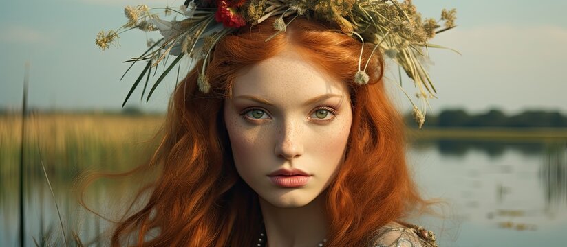 A woman with eyelash extensions and red hair dyed with hair coloring is wearing a wreath of flowers as a fashion accessory. She stands by a tree in a field of grass, looking happy - Powered by Adobe