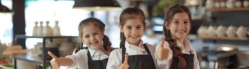 Group of children doing their dream job as Waitresses in the restaurant. Concept of Creativity, Happiness, Dream come true and Teamwork. - obrazy, fototapety, plakaty