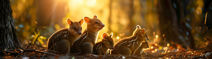 Quoll family in the forest with setting sun shining. Group of wild animals in nature. Horizontal, banner.