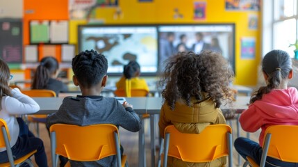 Diverse group of children attentively watching an educational program on a screen in a colorful classroom setting. - obrazy, fototapety, plakaty