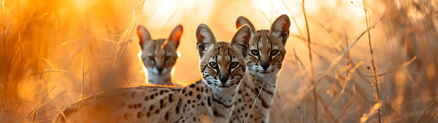 Serval family in the savanna with setting sun shining. Group of wild animals in nature. Horizontal, banner.