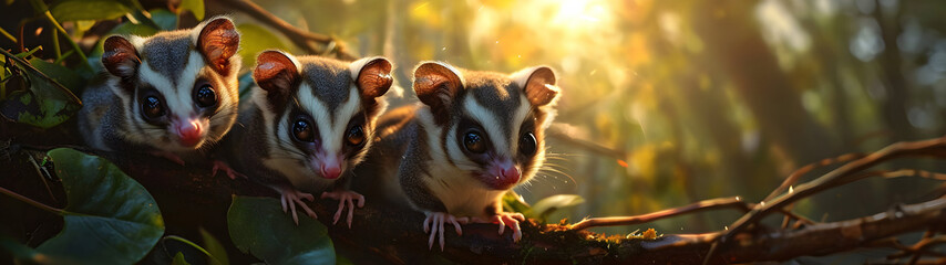 Sugar gliders in the forest with setting sun shining. Group of wild animals in nature. Horizontal, banner.