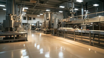 A modern dairy processing facility with milk tanks and packaging machines, ideal for illustrating dairy product manufacturing
