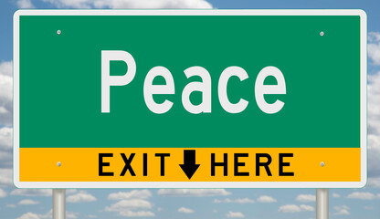 Green and yellow highway sign with exit arrow for PEACE