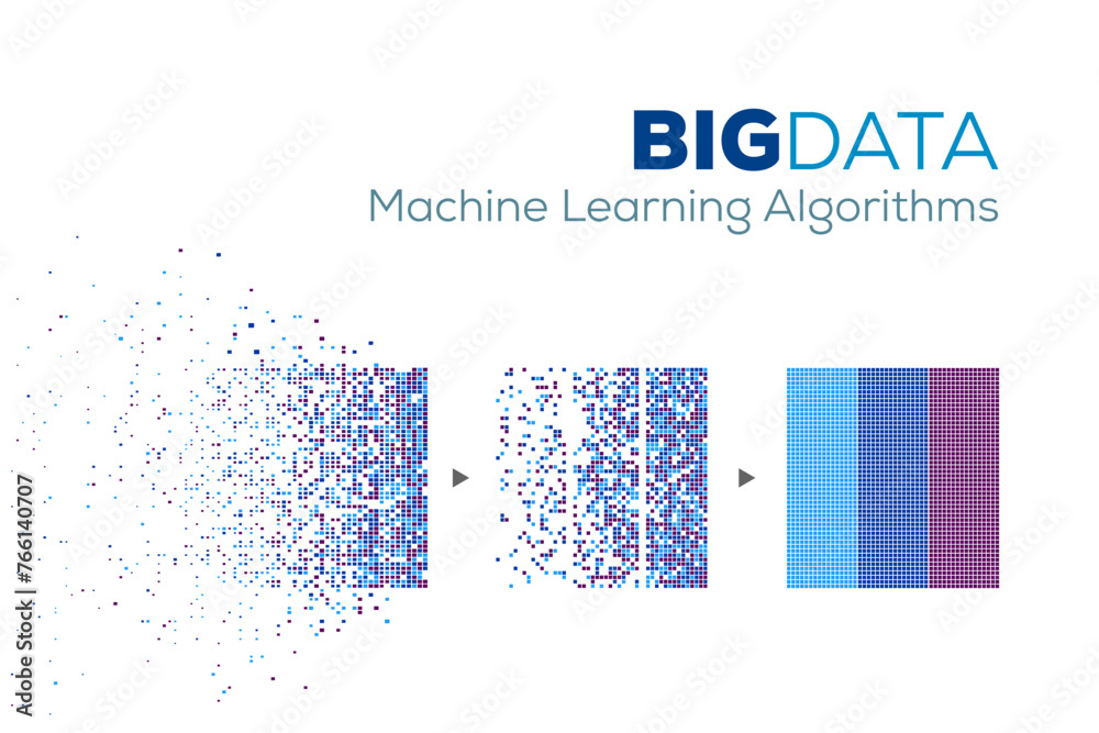 Poster BIG DATA Machine Learning Algorithms. Analysis of Information Minimalistic Infographics Design. Science Technology Background. Vector Illustration.