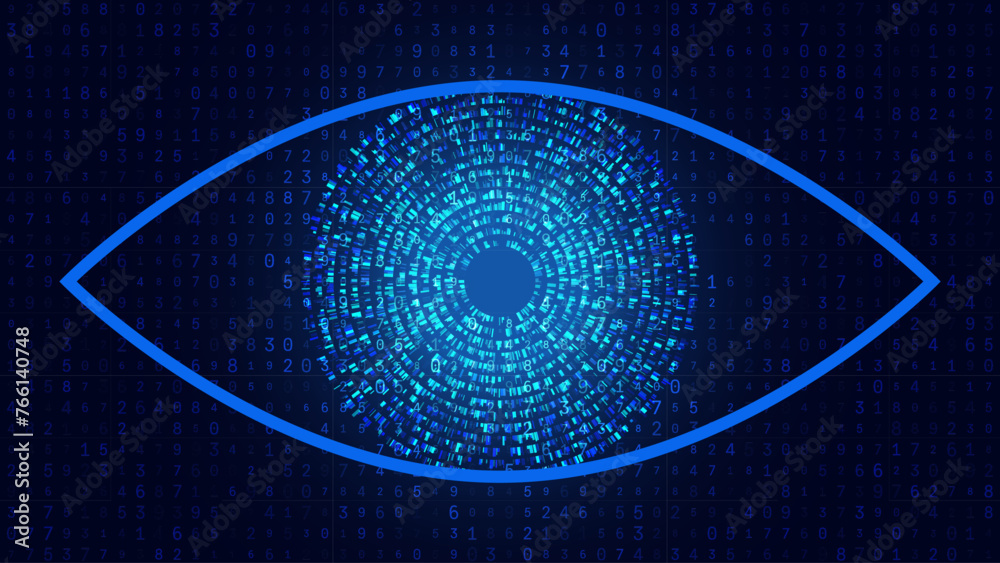 Poster Digital Eye. Computer Vision AI Concept. Abstract Science Technology Illustration. Technology Big Data Neural Network Background Concept. Vector Illustration.