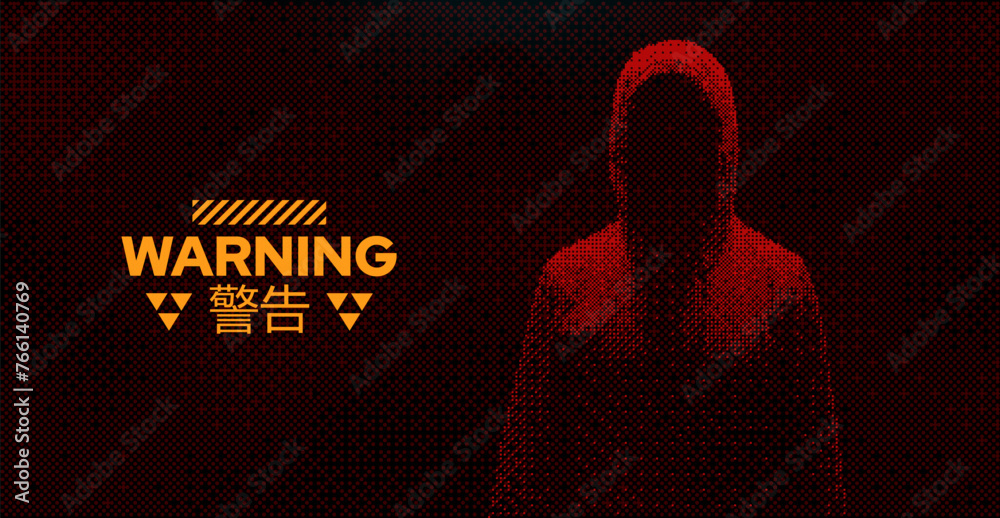 Poster hacker warning danger sign. anonymous person in hood pixel art. mysterious man with hoodie silhouett