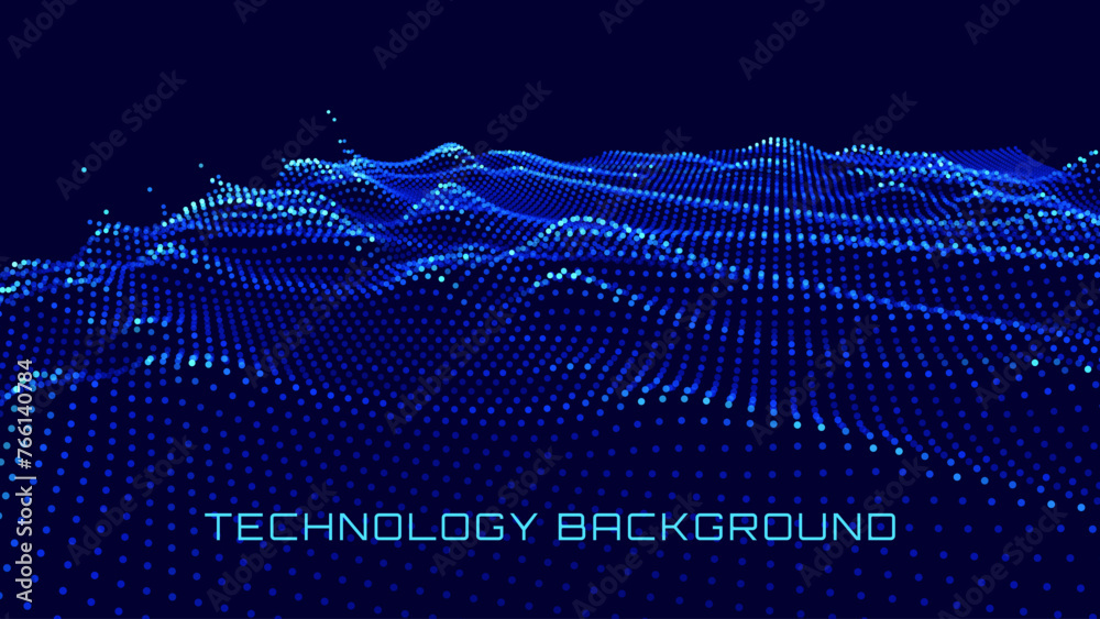 Aufkleber Blue Wireframe Landscape Wire with Depth of Field Effect. 3D Topographic Map Background Concept. Geography Concept. Tech Wavy Backdrop. Space Game Surface HUD Design Element.