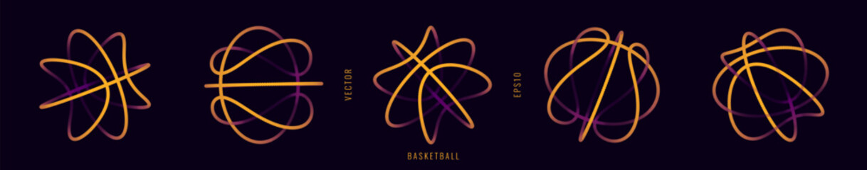 Basketball Neon 3D Balls Symbols Set. Basketball Neon Sport Logo Signs. Wireframe Particles Illustration. Abstract 3D Sphere Sport Design. Futuristic Style. Vector Background. © ec0de