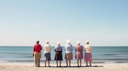A group of elderly women stand on a beach, looking out at the ocean