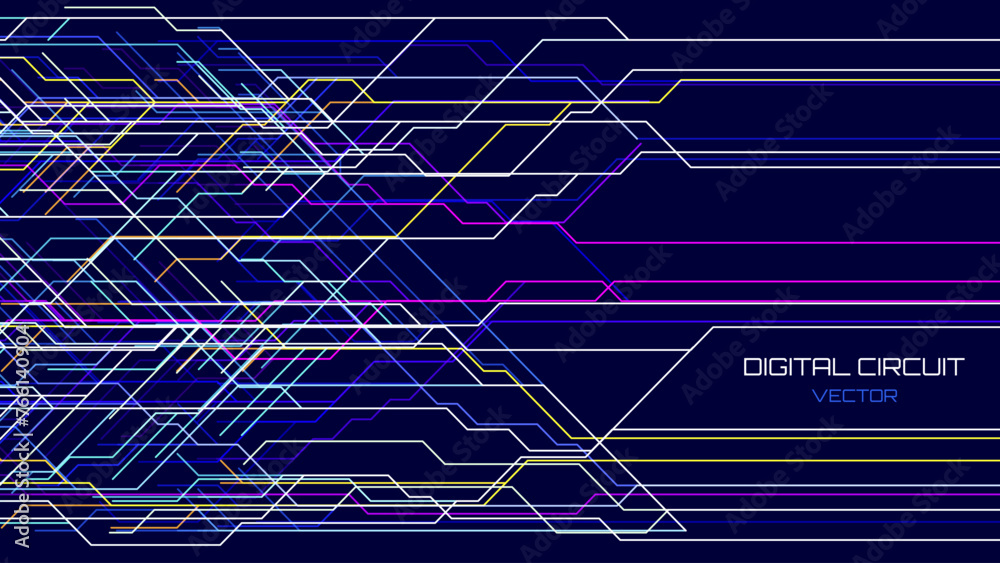 Poster Hi-Tech Digital Circuit Board Lines Background. Electrical Lines Connections Blue Background. Futuristic Technology Design Element Concept. Vector Illustration.