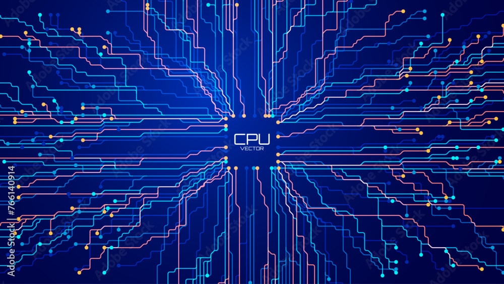 Poster Abstract CPU Computer Microchip Technology Circuit Board Background. Digital Data Transfer through Tech Lines. Motherboard Digital GPU Chip Blue Banner. Cyber Vector Illustration.