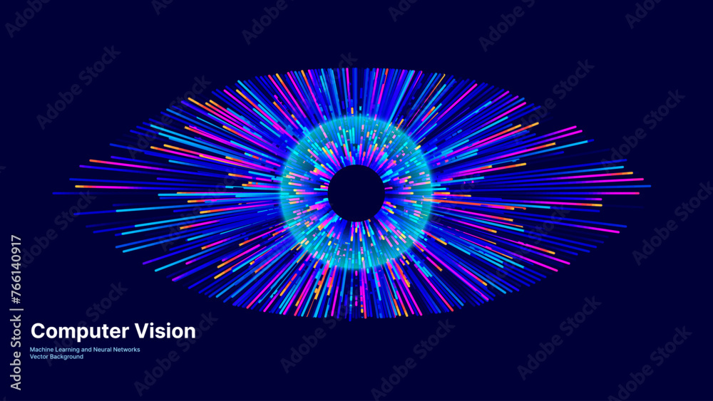 Poster Abstract Digital Eye. Data Network and Cyber Security Technology Background. Futuristic Virtual Cyberspace and Internet Surveillance. Digital Eye Computer Vision or Safety Scanner. Vector Illustration