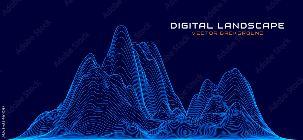 Poster Blue Wireframe Mountain Landscape Wire. 3D Topographic Map Background Concept. Geography Concept. Abstract Smooth Lines Design. Tech Wavy Backdrop. Space Game Surface HUD Design Element.