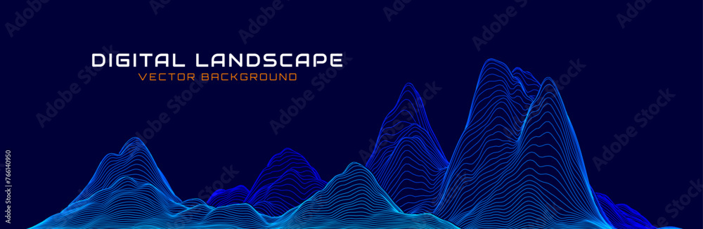 Poster Blue Wireframe Mountain Landscape Wire. 3D Topographic Map Background Concept. Geography Concept. Abstract Smooth Lines Design. Tech Wavy Backdrop. Space Game Surface HUD Design Element.