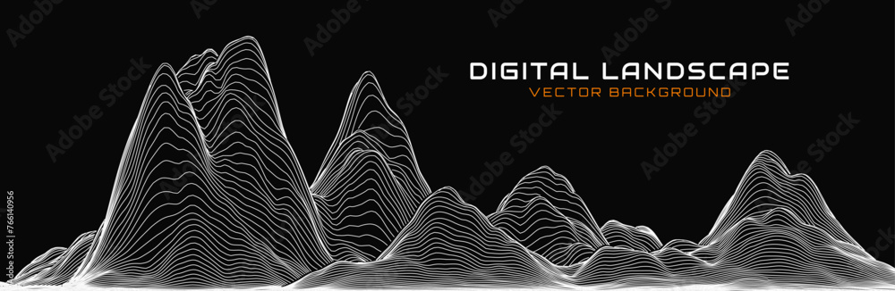 Poster Abstract Digital Wireframe Landscape Wire Lines. 3D Topographic Map Background Concept. Geography Concept. Wavy Lines Backdrop. Space Surface HUD Design Element. Vector Illustration.