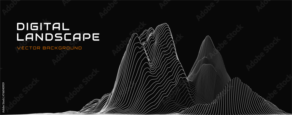 Poster Abstract Digital Wireframe Landscape Wire Lines. 3D Topographic Map Background Concept. Geography Concept. Wavy Lines Backdrop. Space Surface HUD Design Element. Vector Illustration.