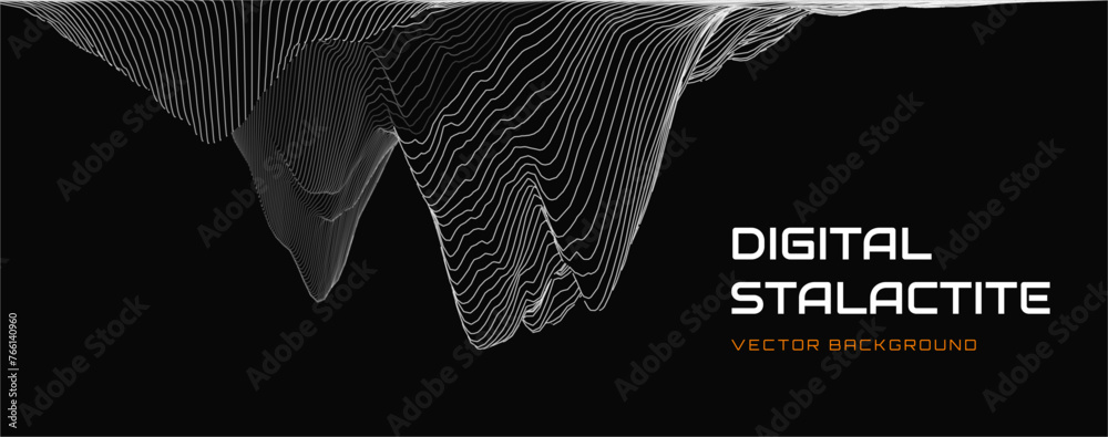 Poster Black and White Wireframe Stalactite Cave. Abstract Fluid Lines Design. 3D Topographic Map Background Concept. Geography Concept. Tech Wavy Backdrop. Space Game Surface HUD Design Element.
