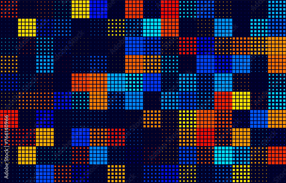 Aufkleber Modern Stylish Glitch Pixels Technology Texture Design for Banners, Web Pages, Presentations. Tech Abstract Cyberpunk Game Background with Random Colorful Squares. Vector Squares Mosaic Pattern.