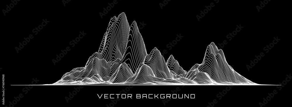 Poster Abstract Digital Wireframe Landscape Wire Lines. 3D Topographic Map Background Concept. Geography Concept. Wavy Lines Backdrop. Space Surface HUD Design Element. Vector Illustration.