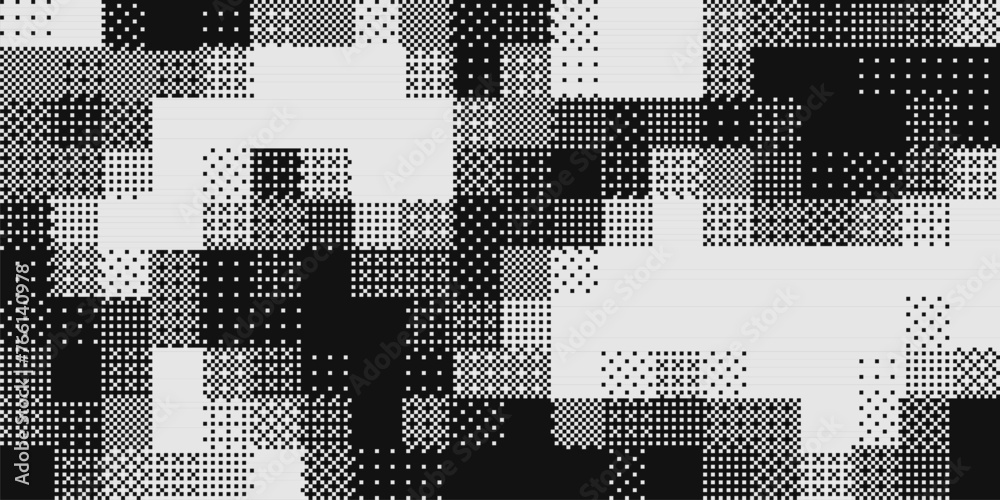 Fototapete Halftone Pixel Dithering Square Tiles Pattern. Vintage 8-bit Game Background. Vector Illustration. Pixel Halftone Bitmap Raster Effect. Random Tiles Generative Art.