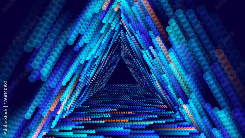 Poster Triangle Frame Border Blue Lights DJ Party Flyer Background. Triangle Tunnel Big Data Backdrop Data Flow Particles Moving with Trails. Vector Illustration.