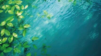 Fototapeta na wymiar Green leaves on the surface of the water. Beautiful background with water ripples for product presentation. Summer refreshing background.