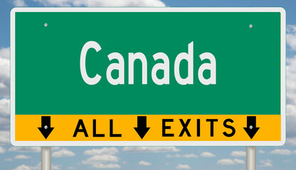 Green and yellow highway sign with exit arrows for Canada